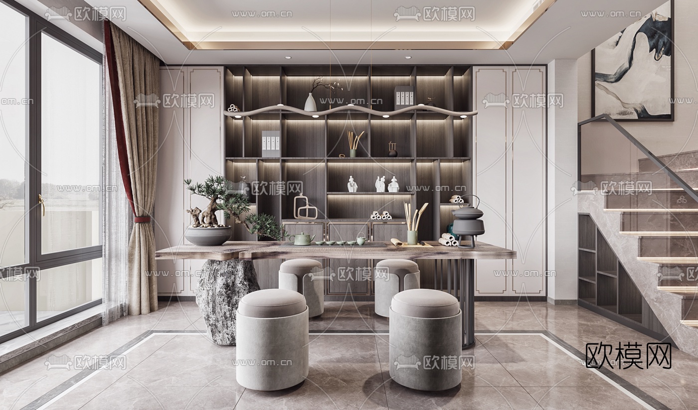 新中式轻奢复式客厅餐厅3d模型