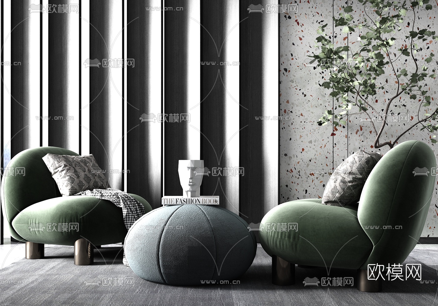 现代布艺休闲沙发su模型下载（渲染图1）