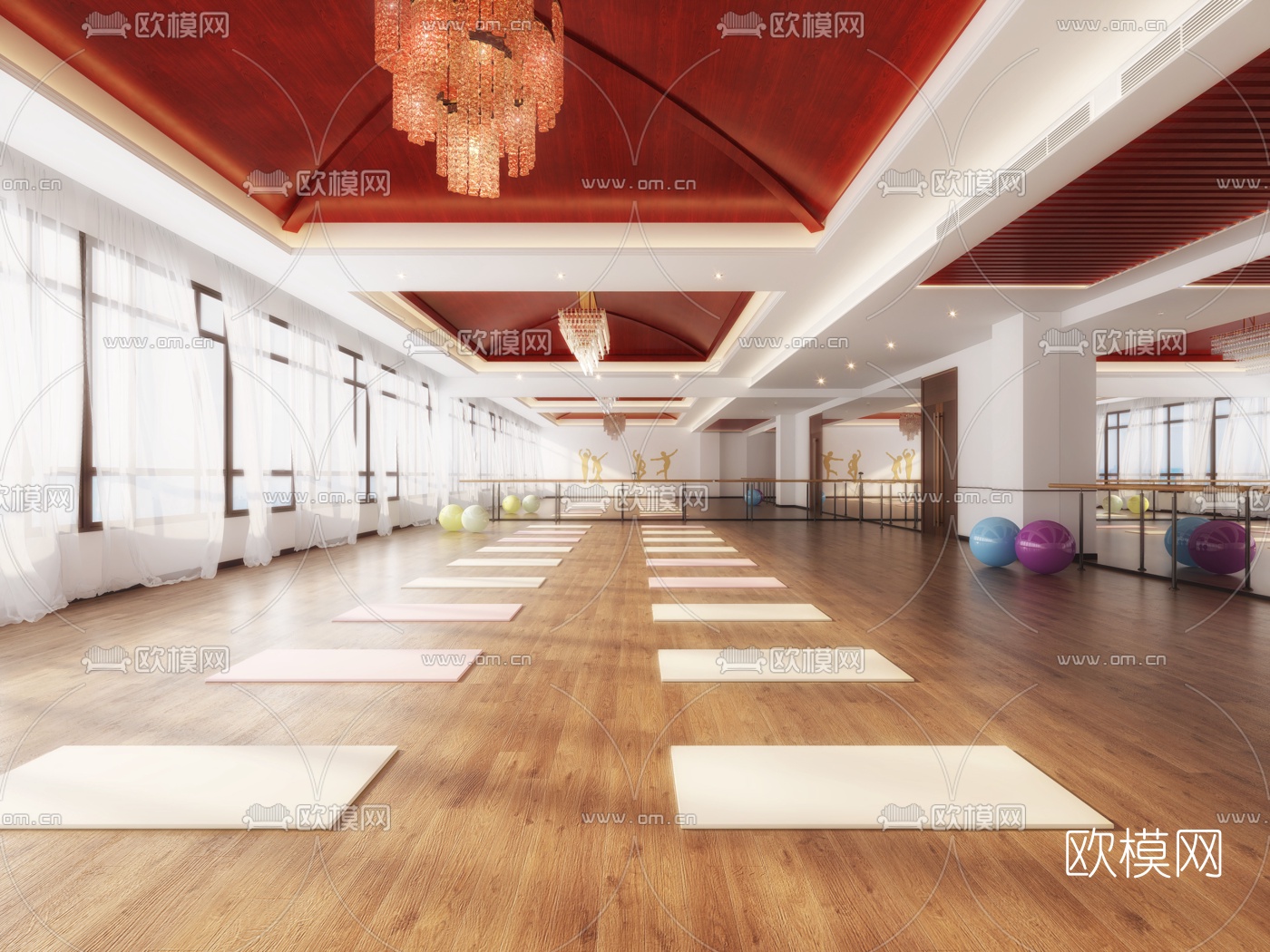 现代健身房瑜伽室3d模型下载（渲染图2）