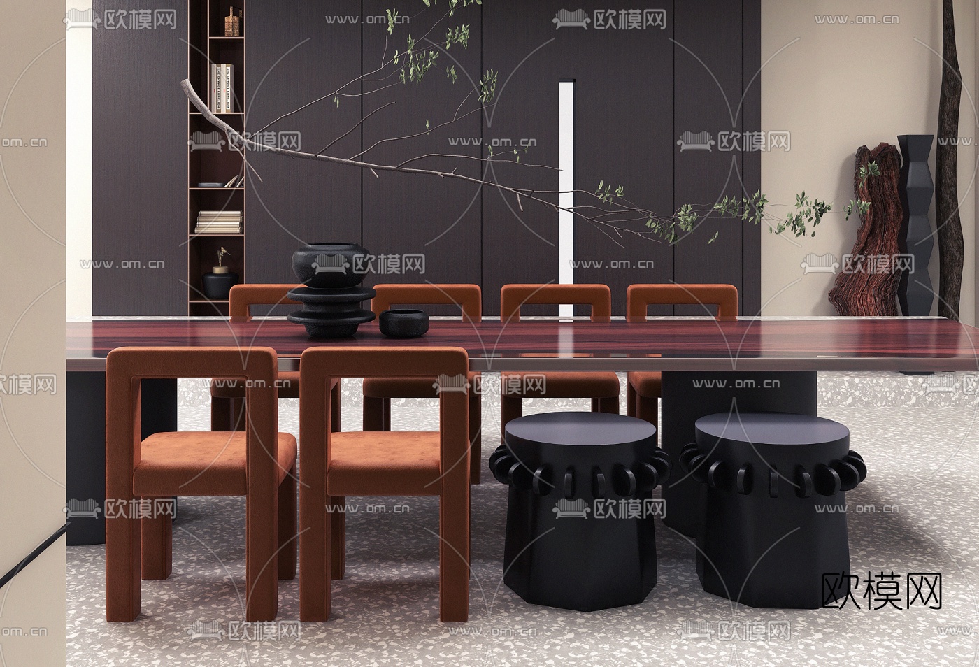 布鲁盟设计 现代侘寂餐桌椅3d模型下载（渲染图1）