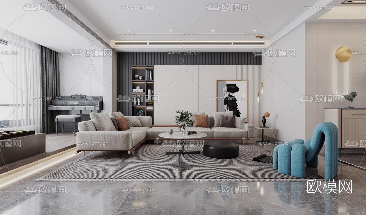 现代客厅3d模型下载