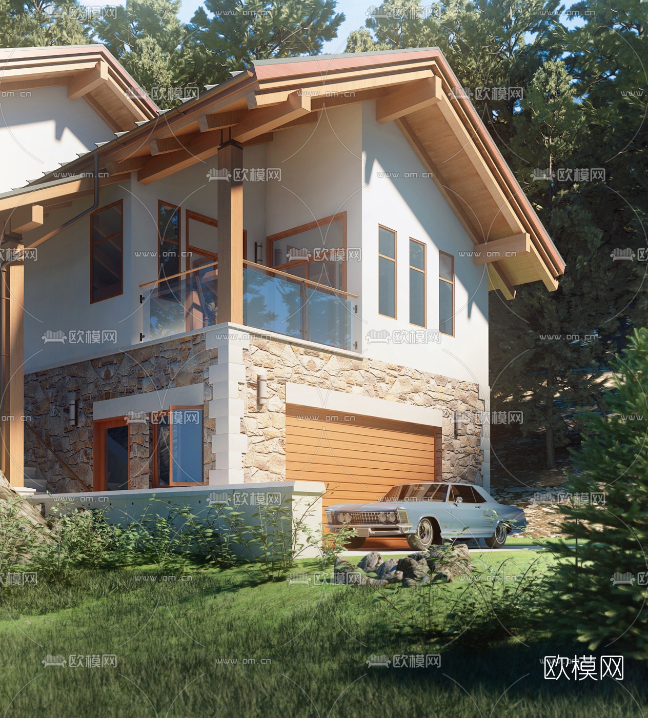 自然风半山别墅外观3d模型下载（渲染图2）
