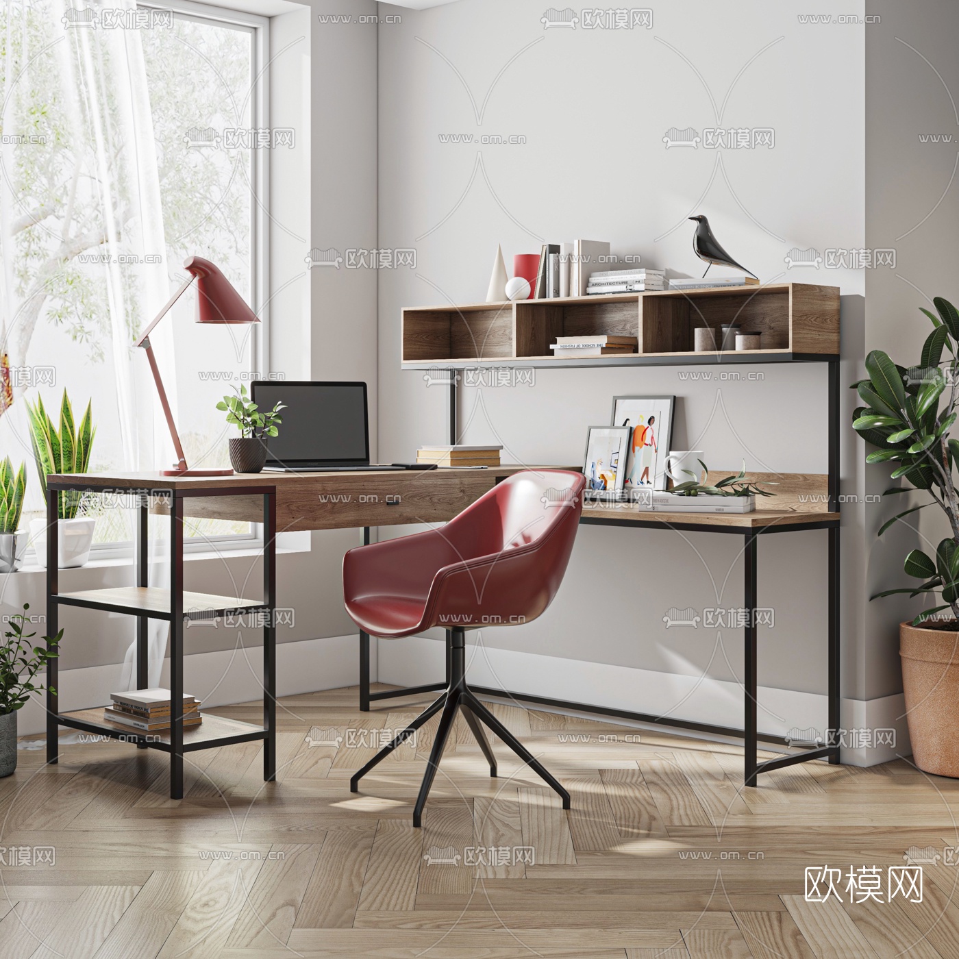 现代原木书桌椅3d模型下载（渲染图2）