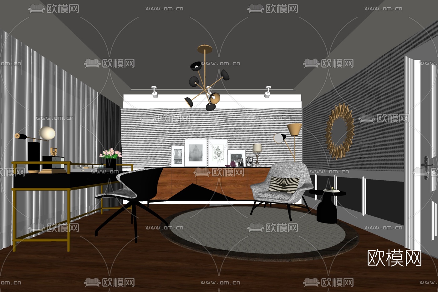 现代简约书房su模型下载