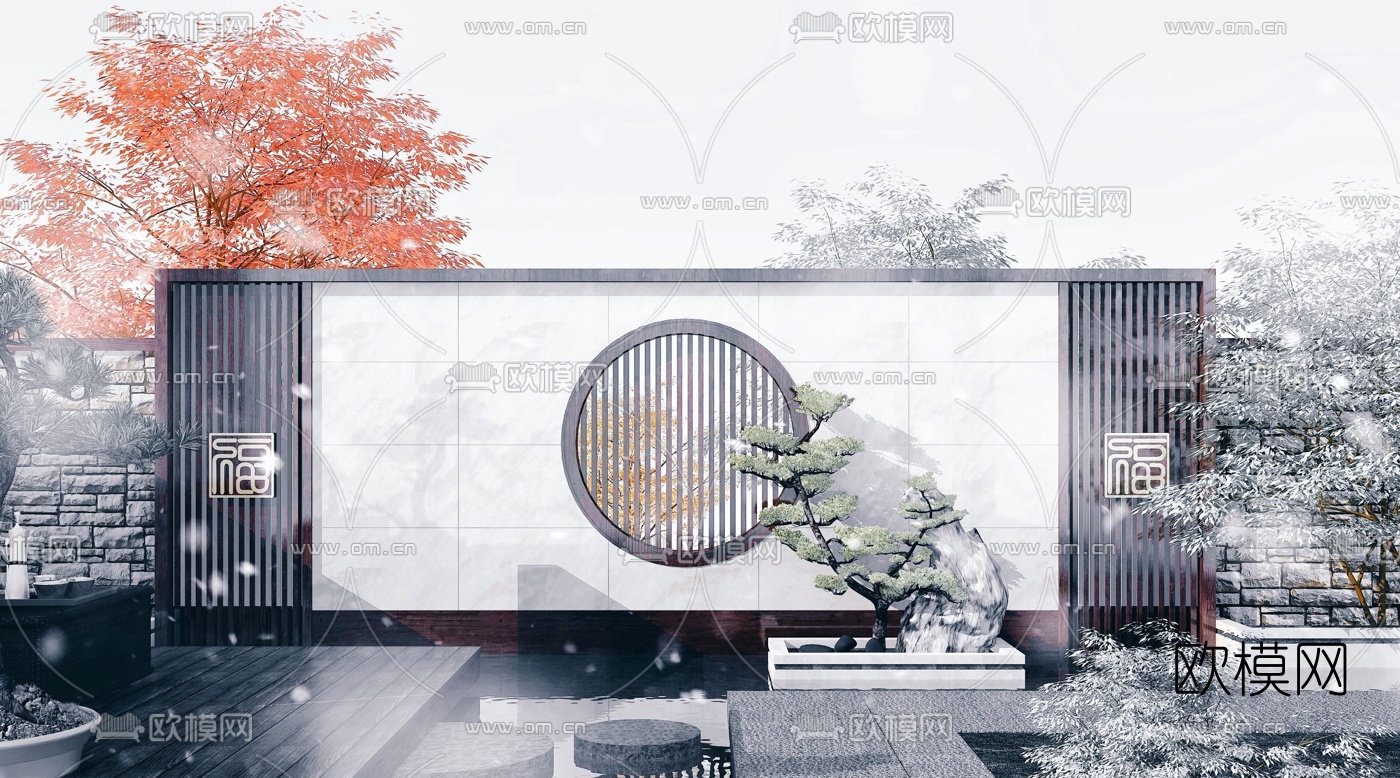 新中式庭院背景墙3d模型下载