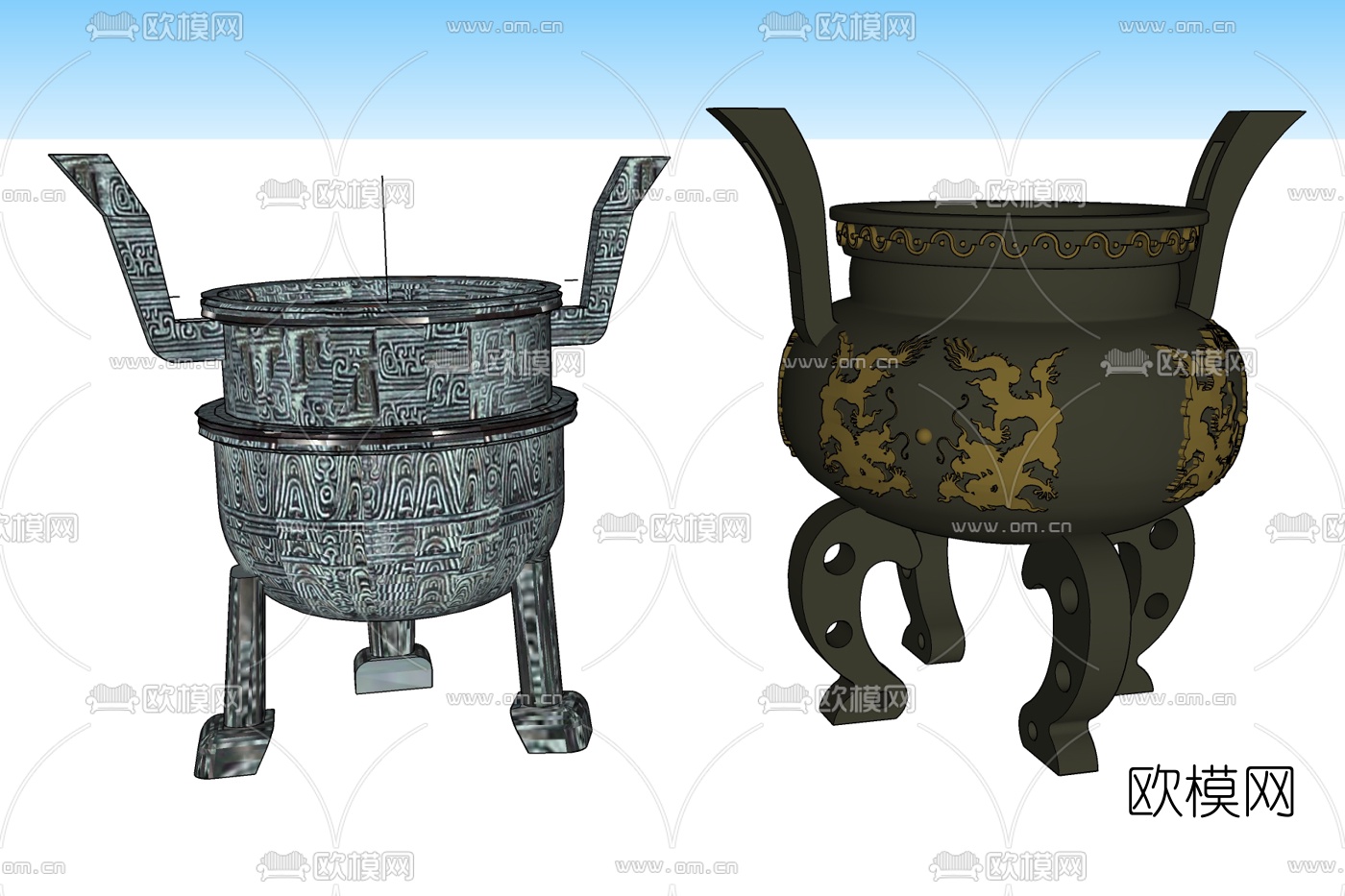 中式寺庙大型香炉鼎免费su模型下载