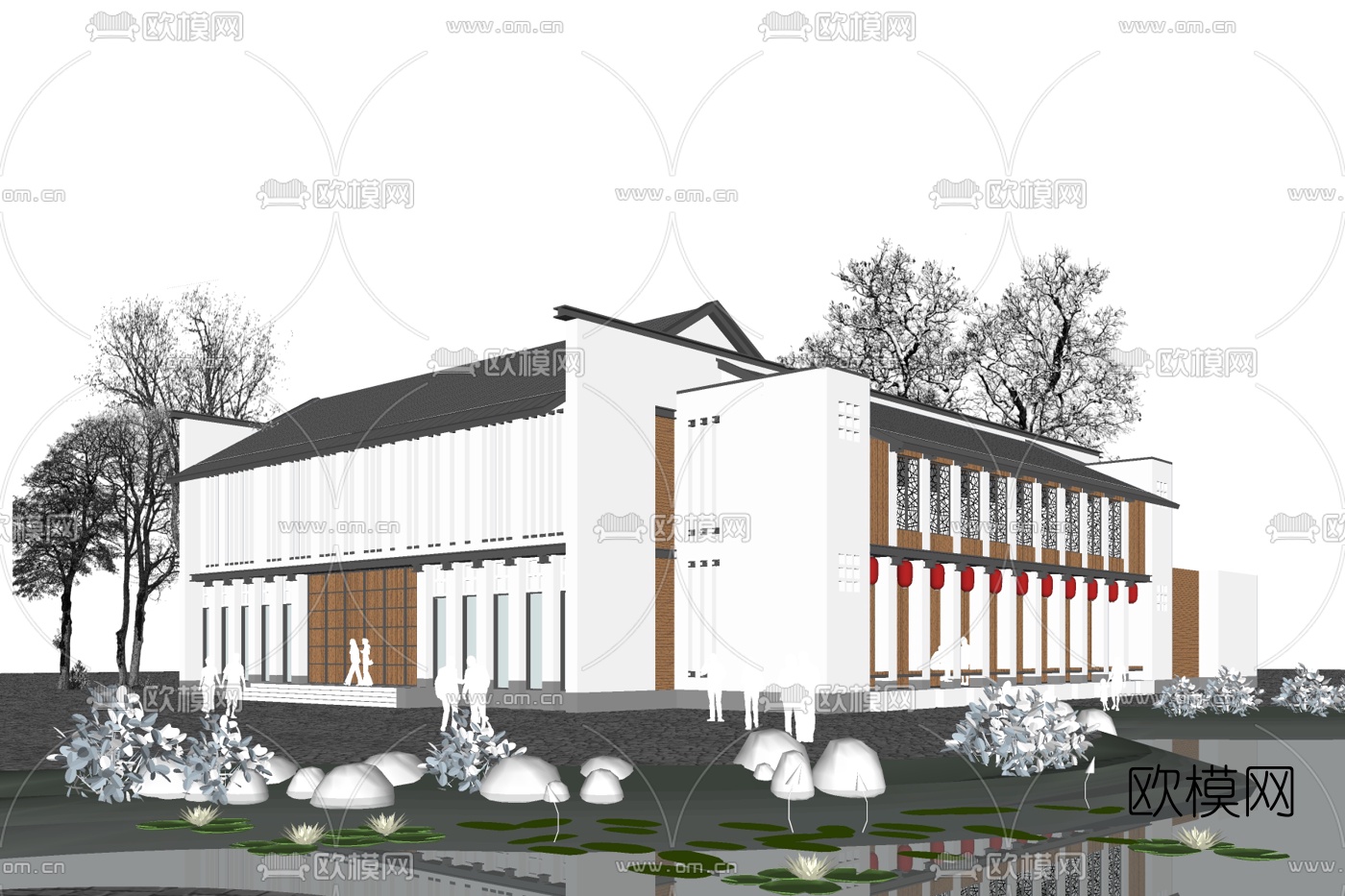 新中式会所外观su模型下载