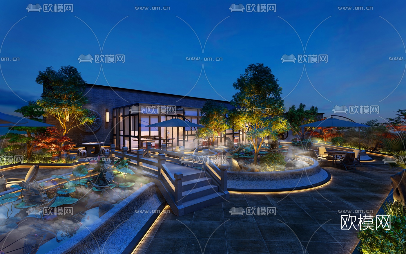 新中式露天花园夜景3d模型下载（渲染图1）