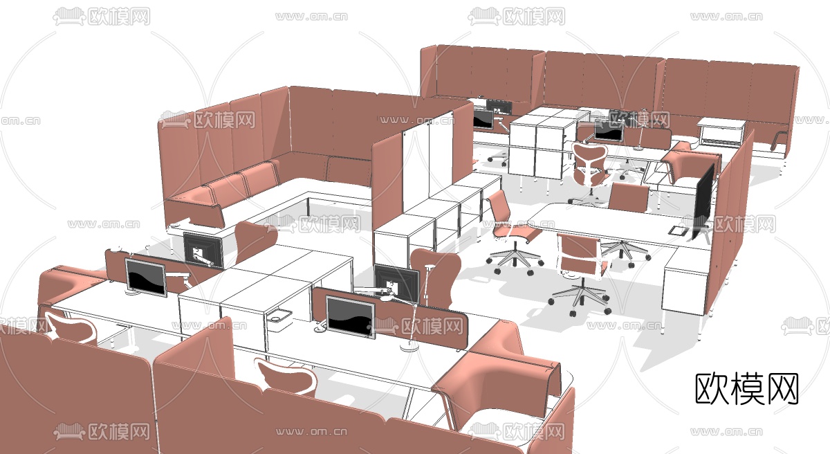 现代卡座办公桌椅su模型下载（渲染图2）