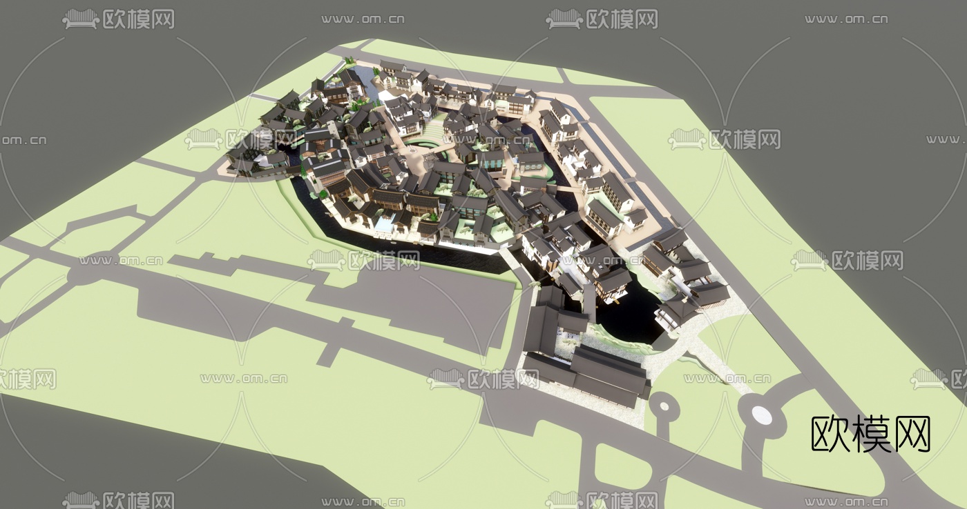 新中式旅游度假小镇外观su模型下载（渲染图3）