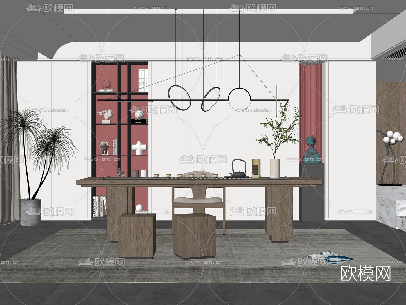 新中式实木茶桌椅su模型下载（渲染图2）