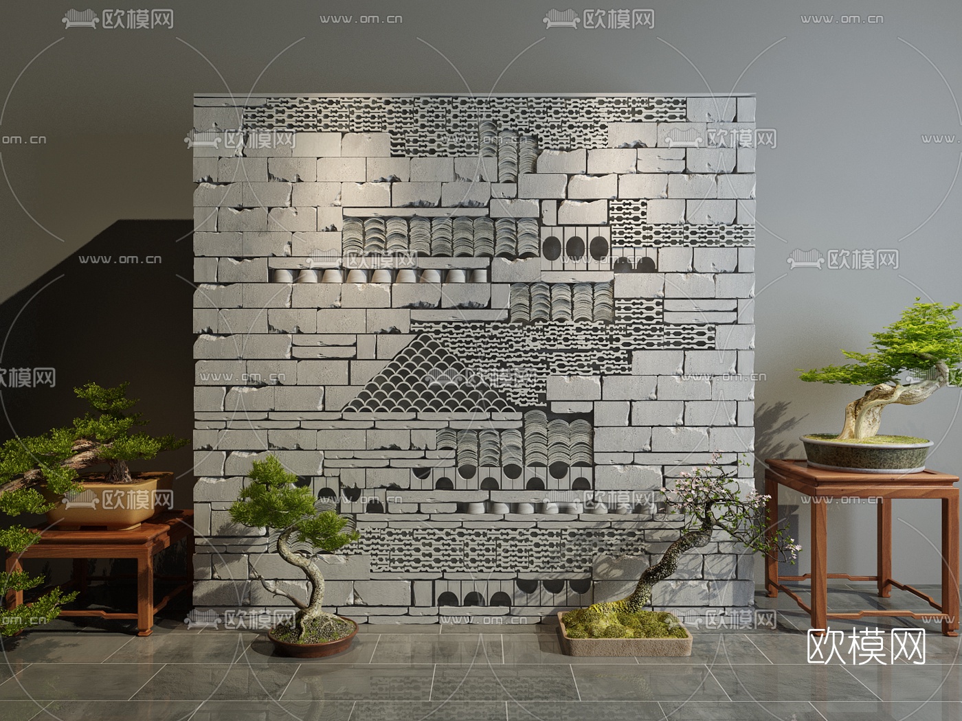 新中式砖墙松树景观小品3d模型