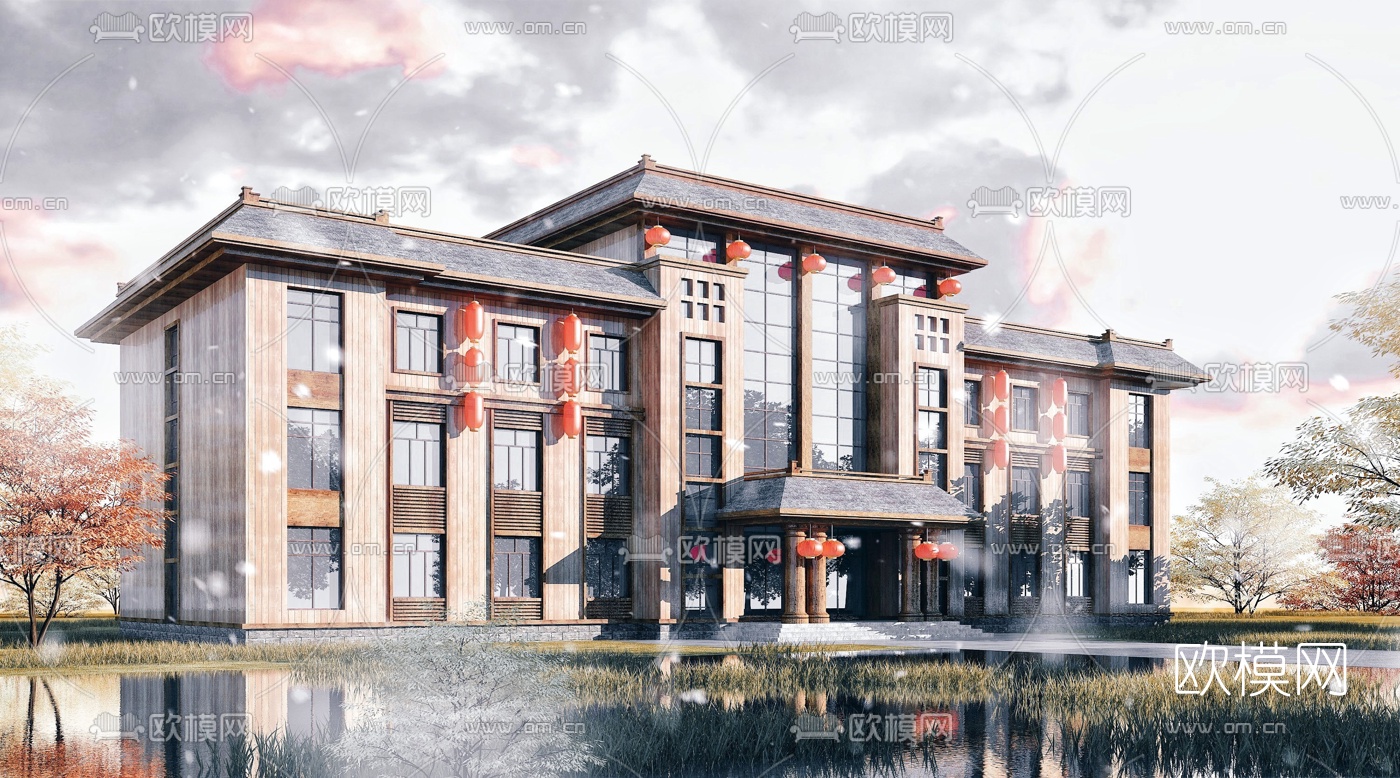 新中式农家乐民宿酒店外观3d模型下载