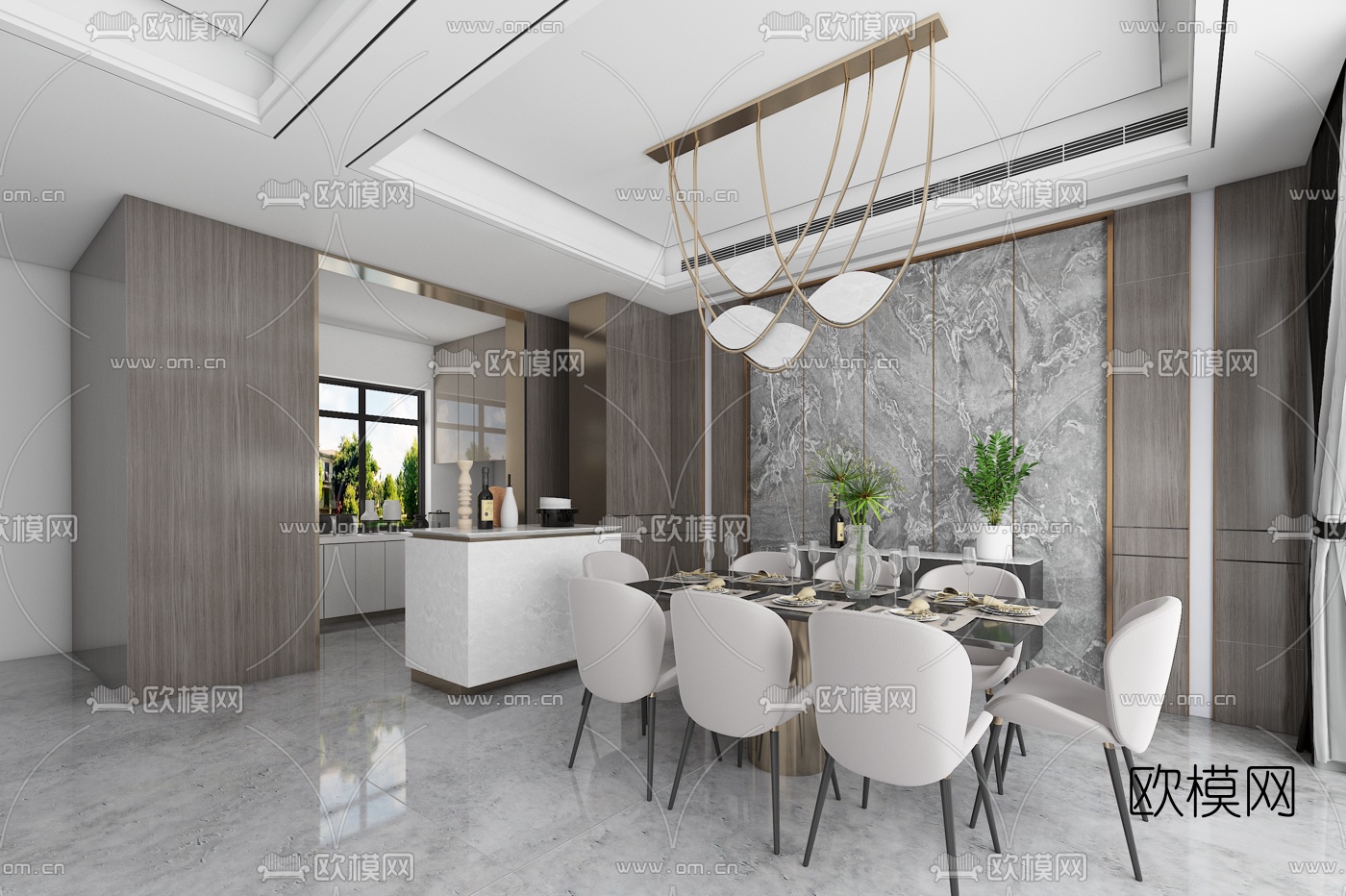 HWCD设计 现代轻奢餐厅厨房3d模型