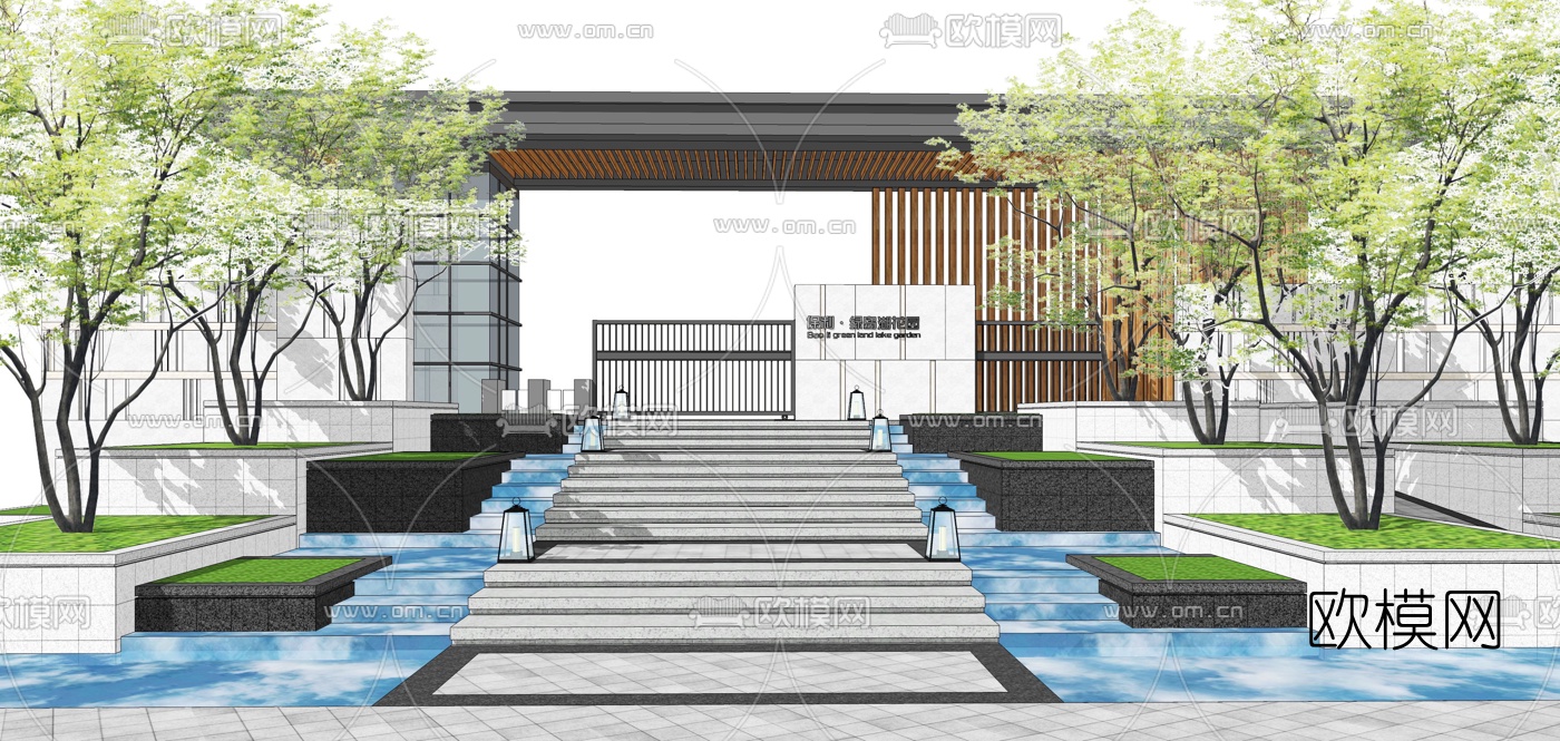 现代台阶景观大门门头su模型