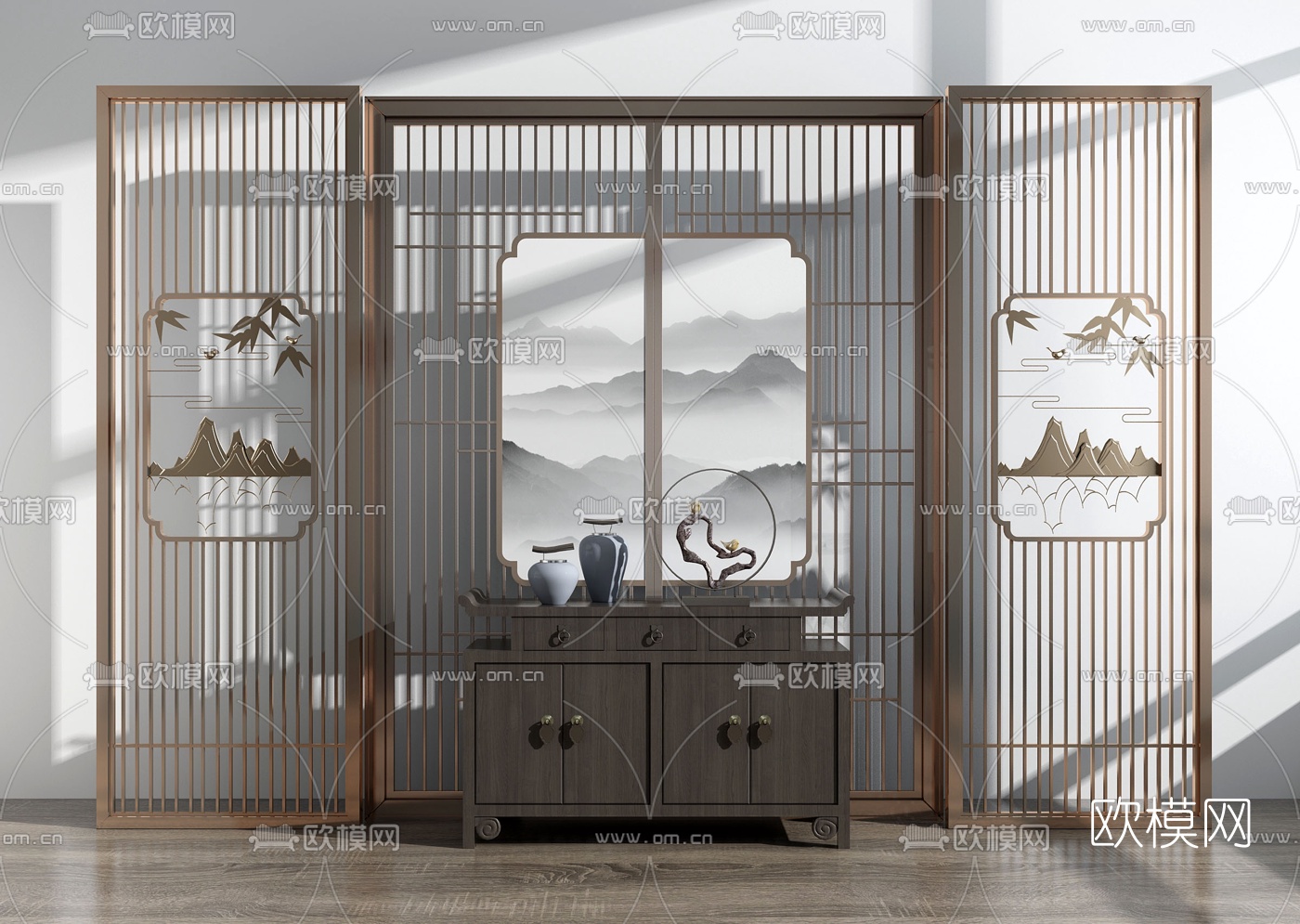 新中式花格屏风隔断su模型下载（渲染图1）