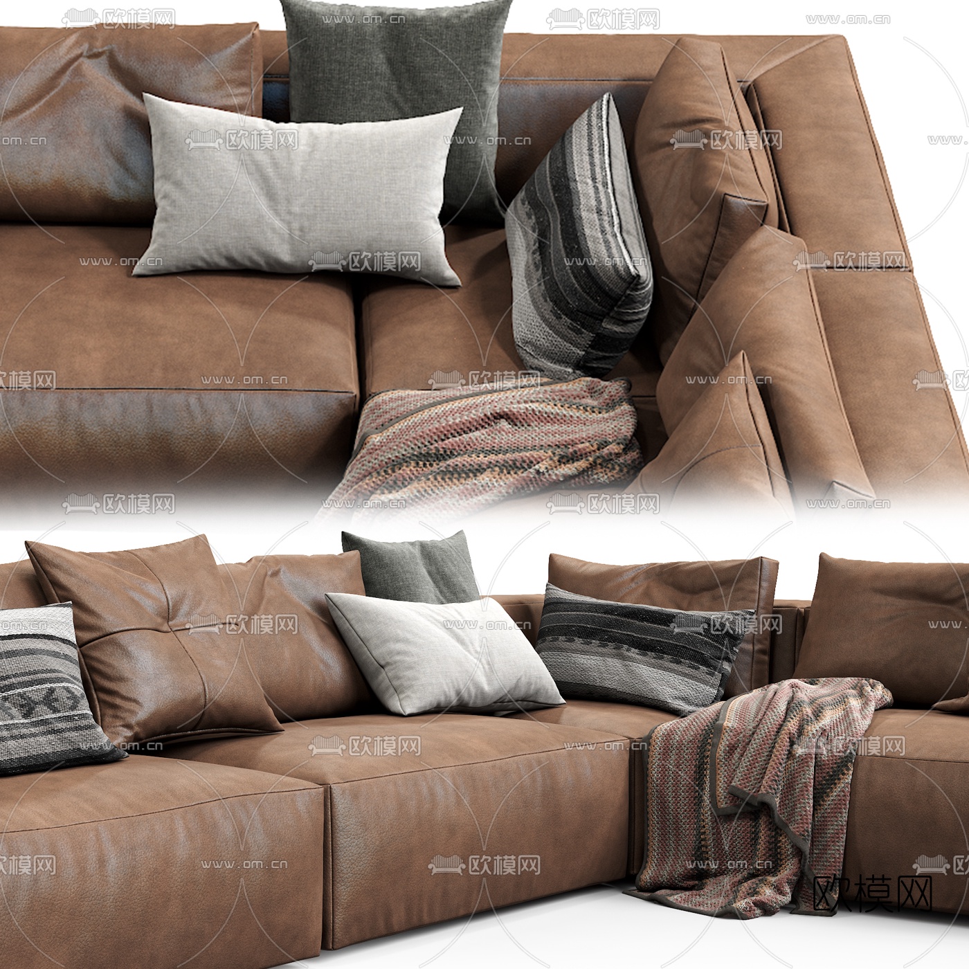 现代皮革转角多人沙发3d模型下载（渲染图3）