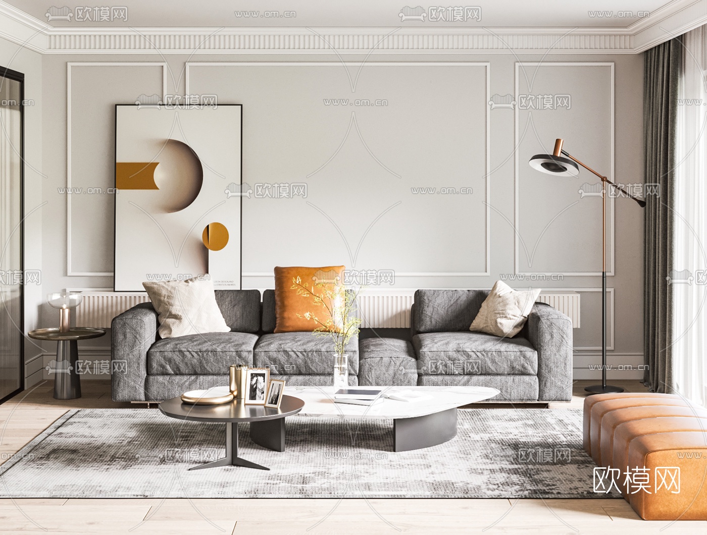 简欧布艺沙发组合3d模型下载