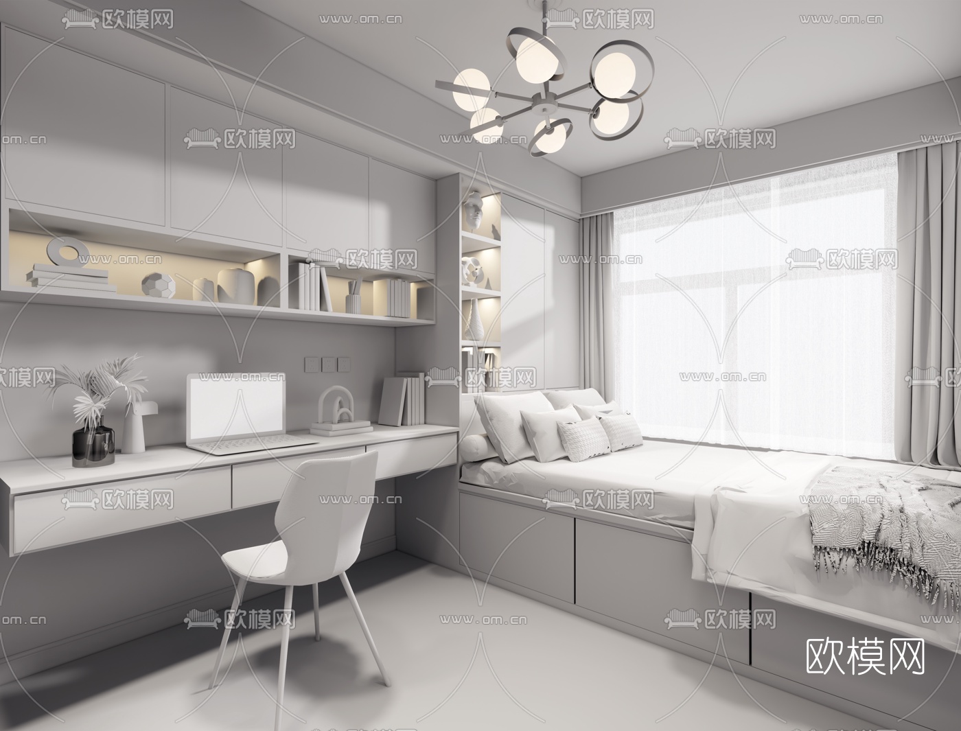 现代榻榻米卧室书房su模型下载（渲染图3）