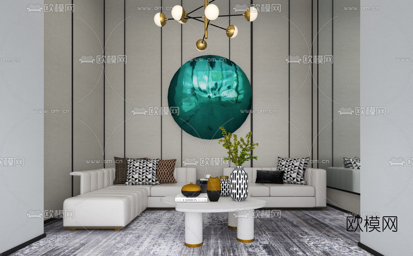 羽果设计 现代轻奢皮革转角沙发3d模型下载（渲染图1）