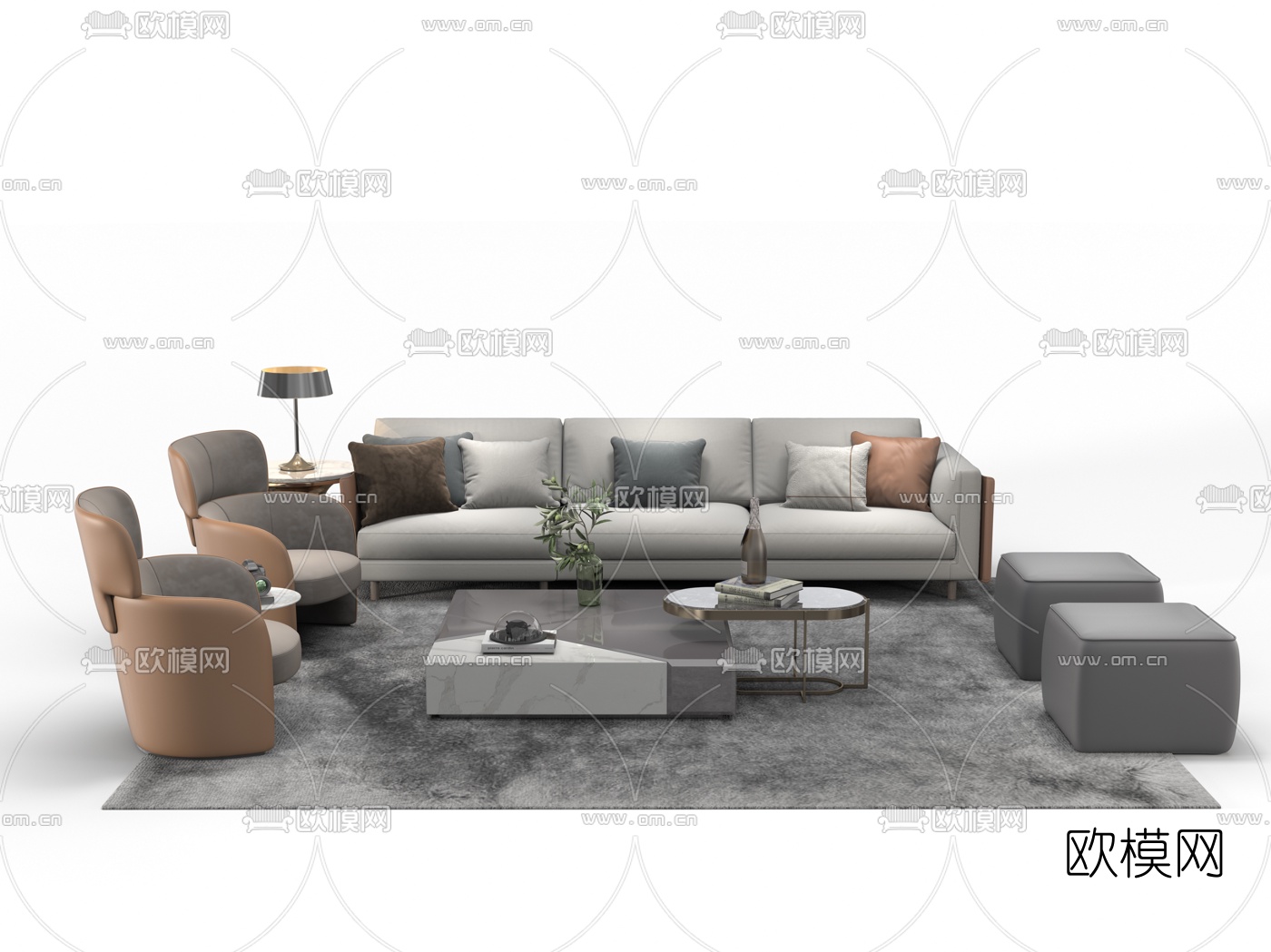现代布艺沙发茶几组合su模型下载（渲染图1）