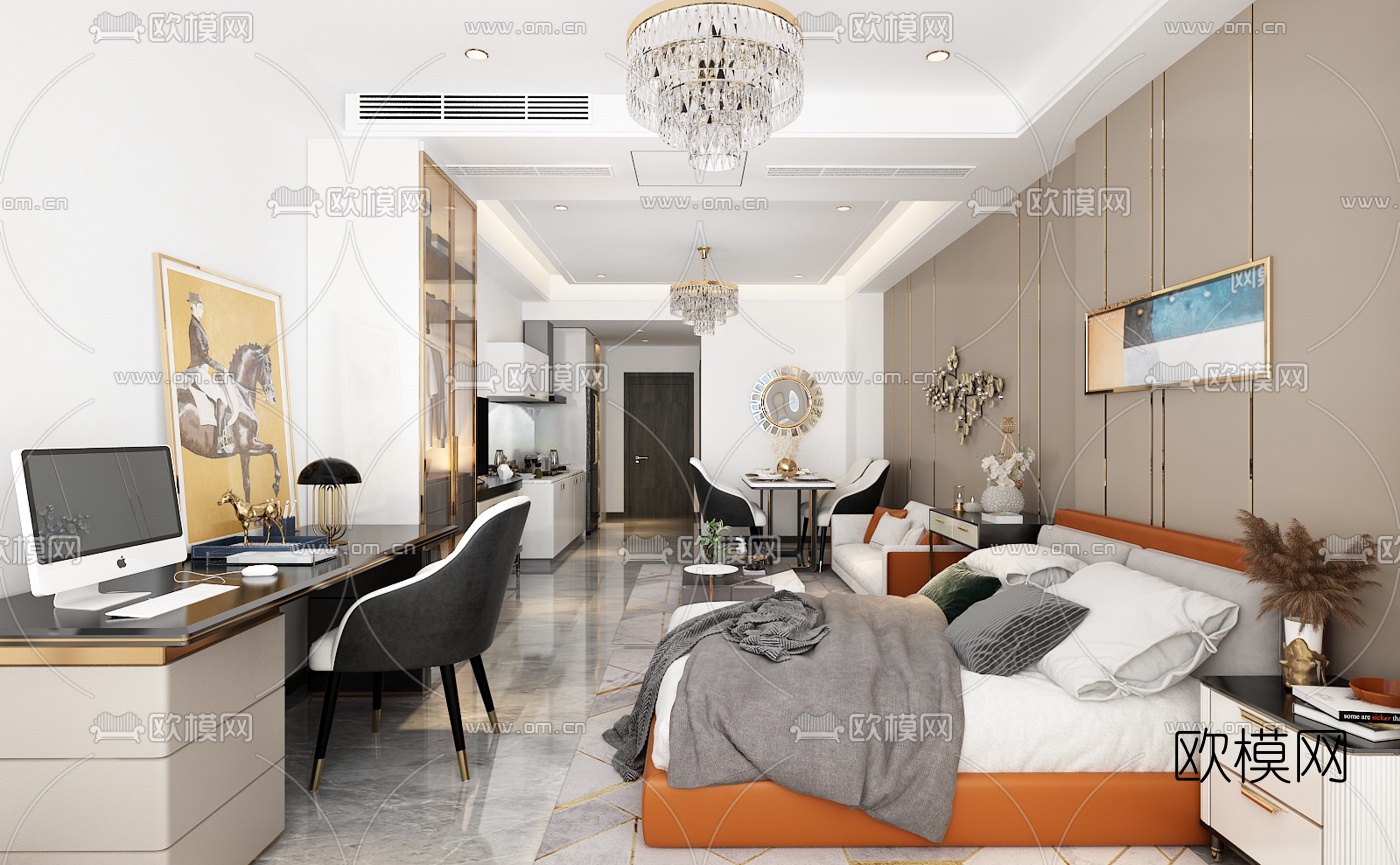 现代轻奢公寓免费3d模型下载（渲染图1）