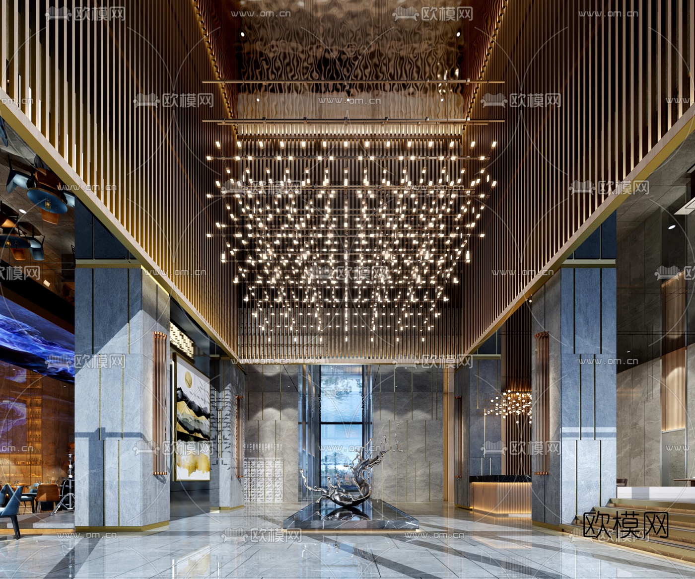 新中式轻奢酒店中庭3d模型下载