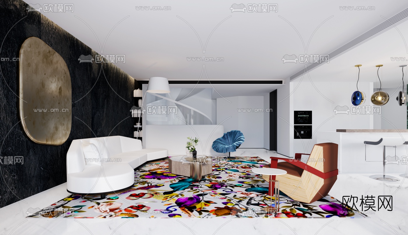 后现代简约客厅餐厅3d模型下载（渲染图1）