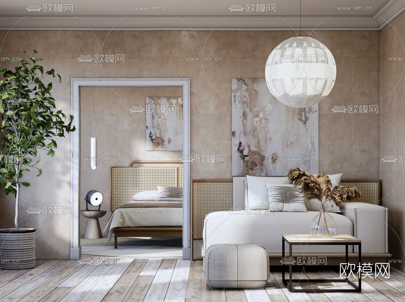 北欧布艺双人床su模型下载（渲染图1）