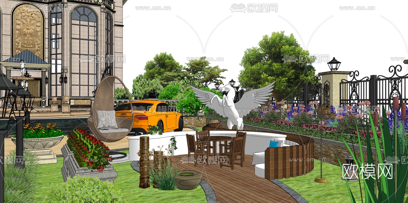 欧式别墅庭院景观su模型下载（渲染图3）