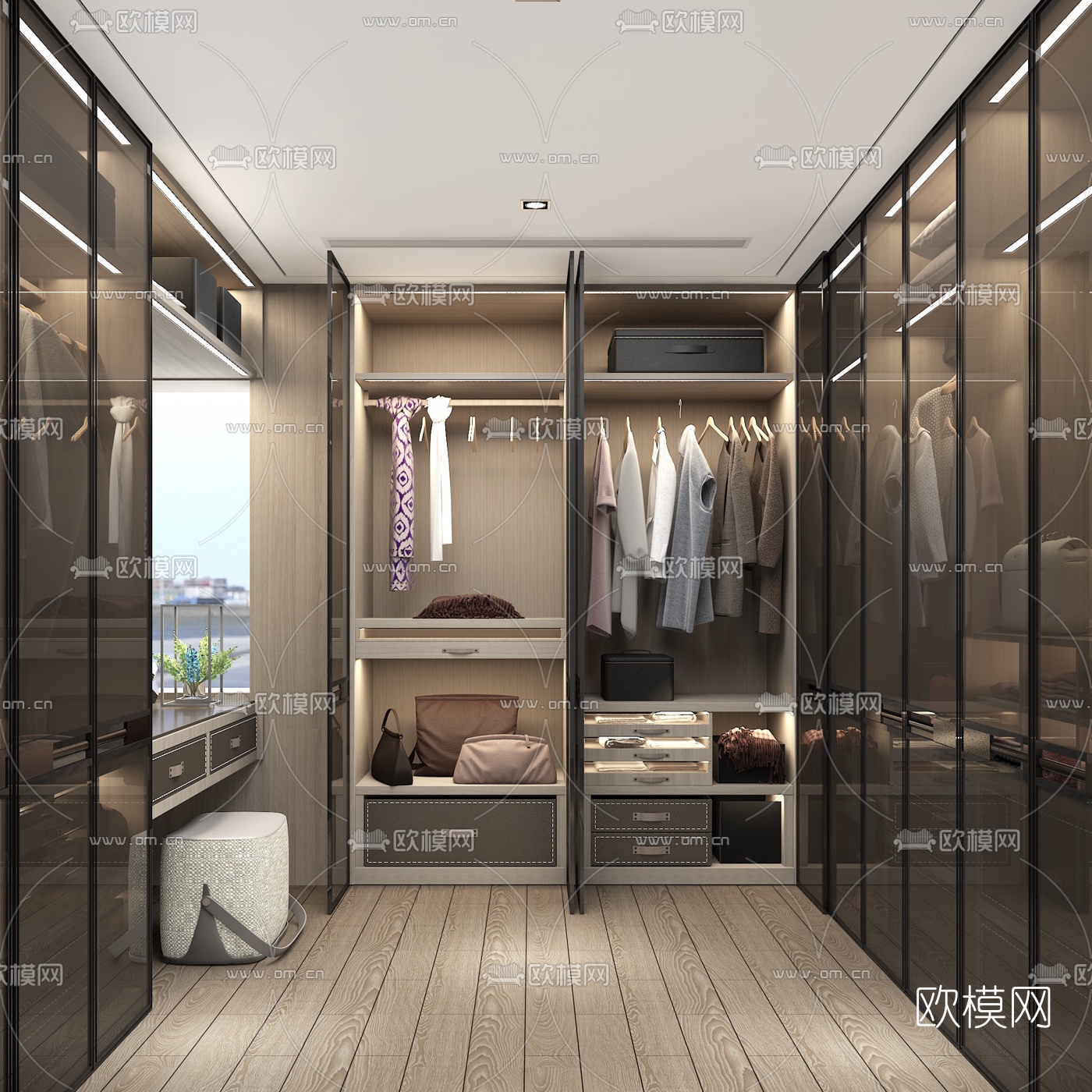 现代轻奢衣帽间3d模型下载（渲染图2）