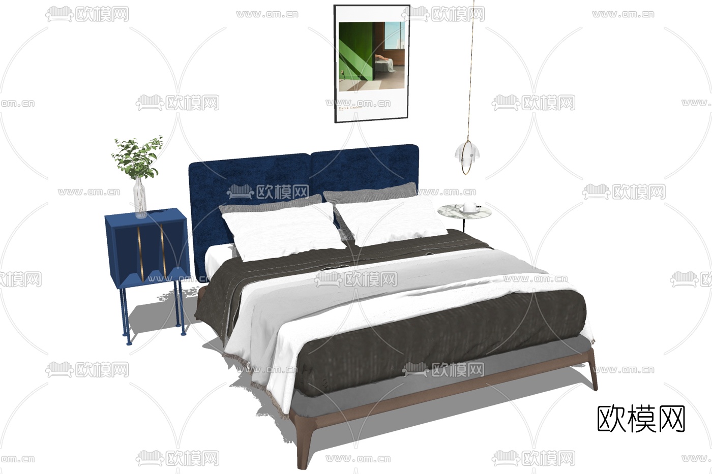 现代布艺双人床su模型下载
