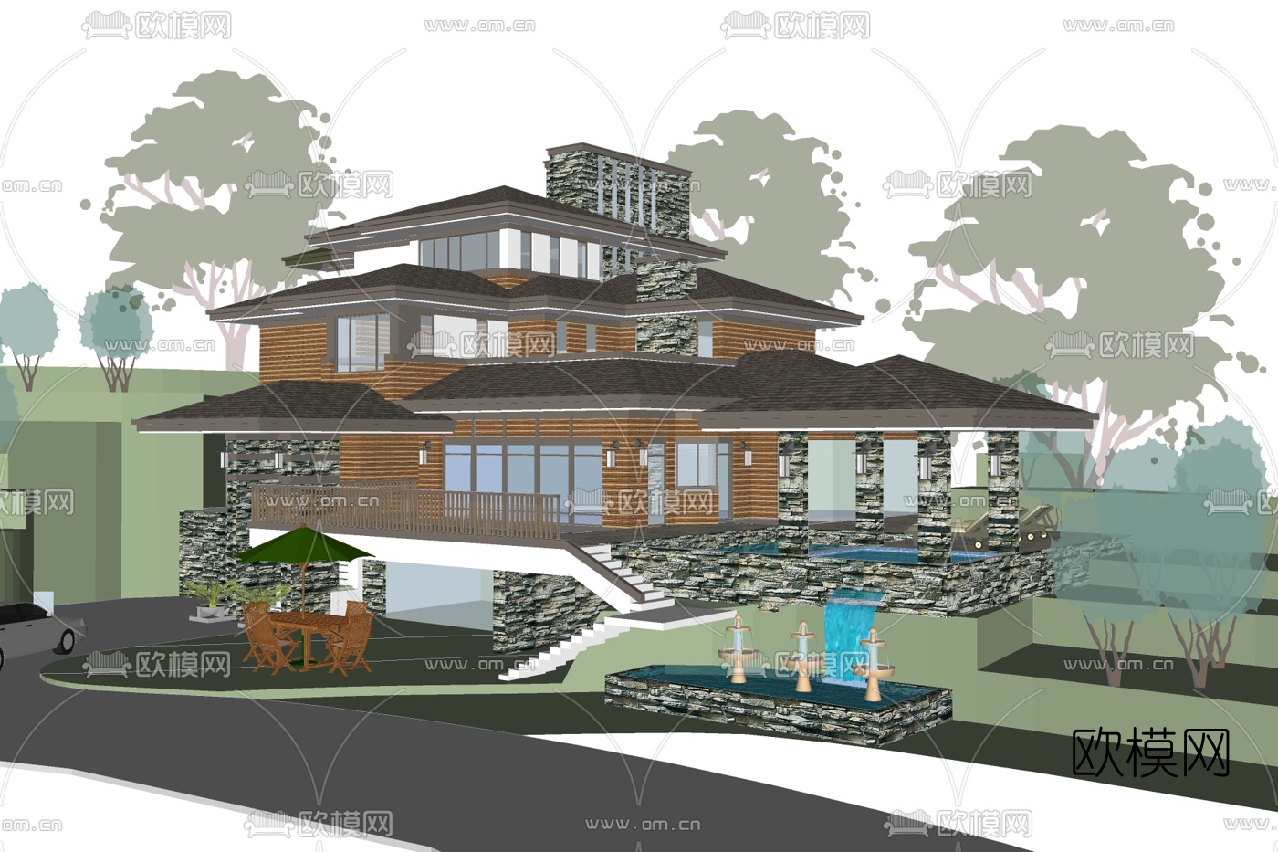 欧式独栋别墅外观su模型下载