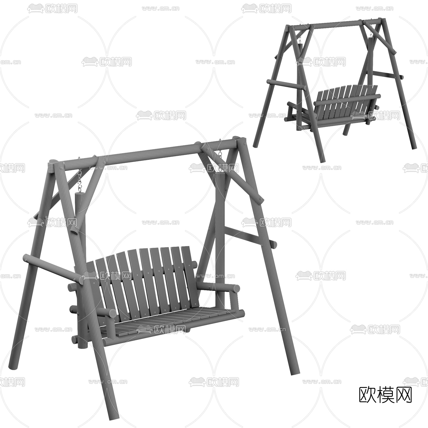现代原木户外秋千吊椅3d模型下载（渲染图2）