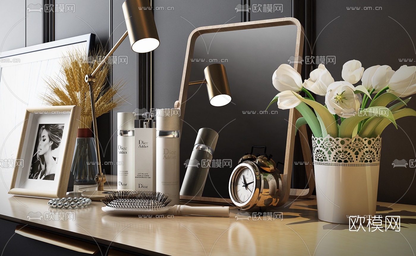现代闹钟气垫梳化妆品摆件3d模型下载（渲染图2）