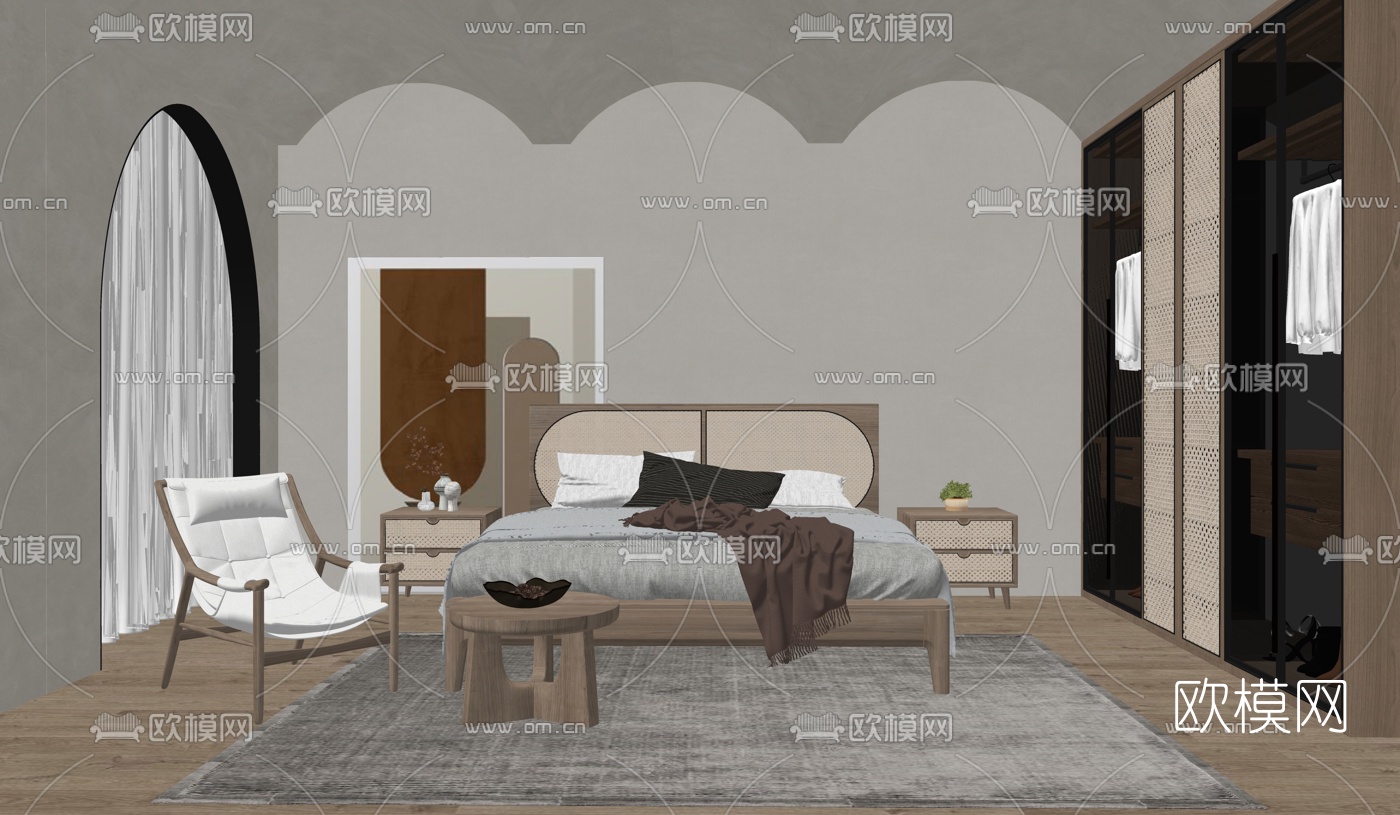 现代实木双人床su模型下载