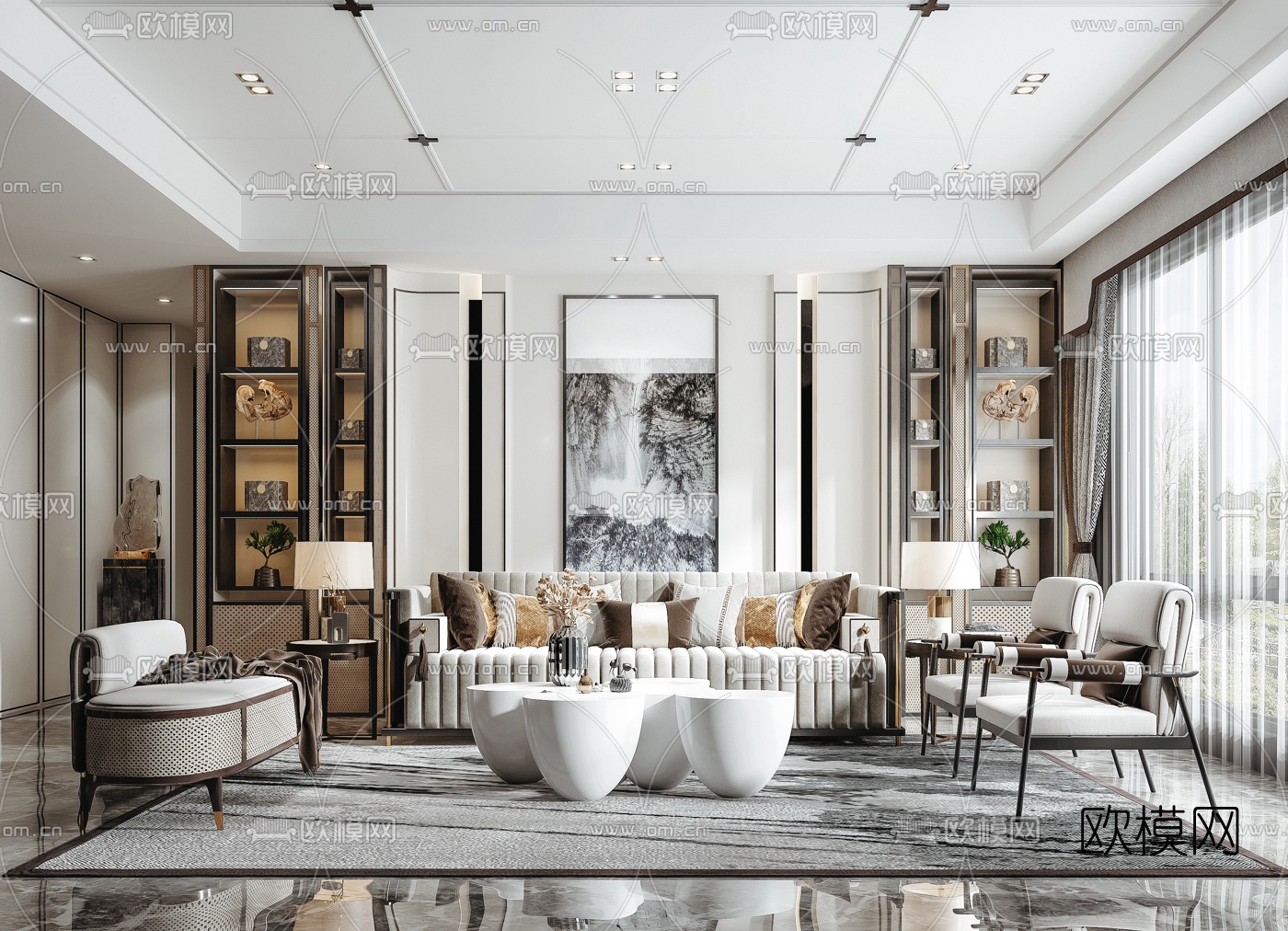 新中式布艺沙发组合3d模型下载