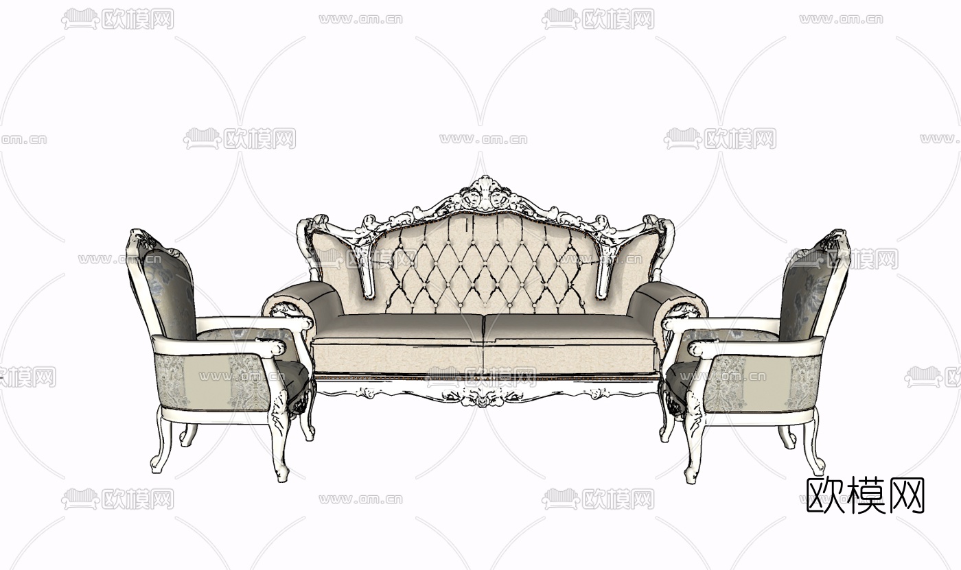 欧式布艺多人沙发免费su模型下载
