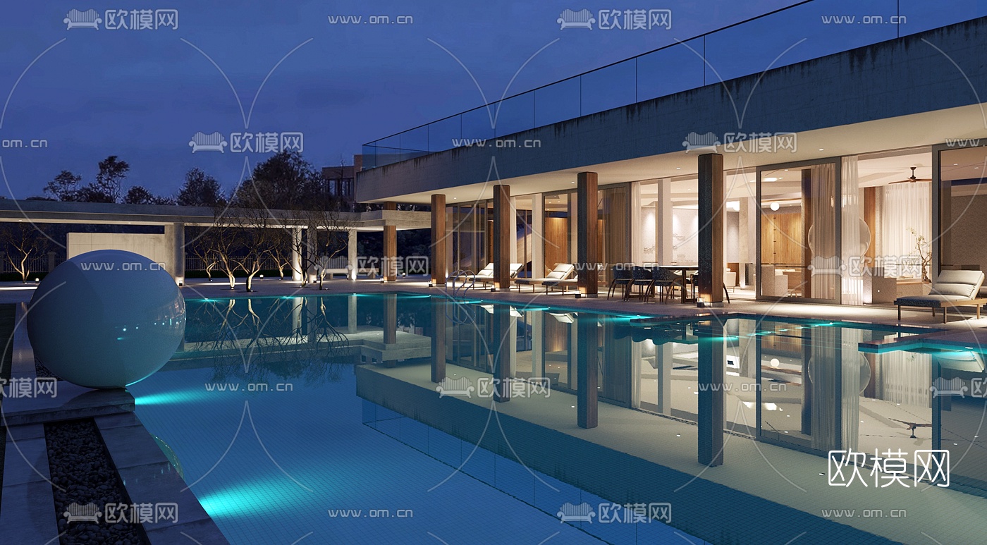 现代露天泳池夜景3d模型