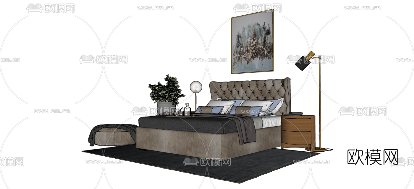 现代布艺双人床su模型下载（渲染图2）