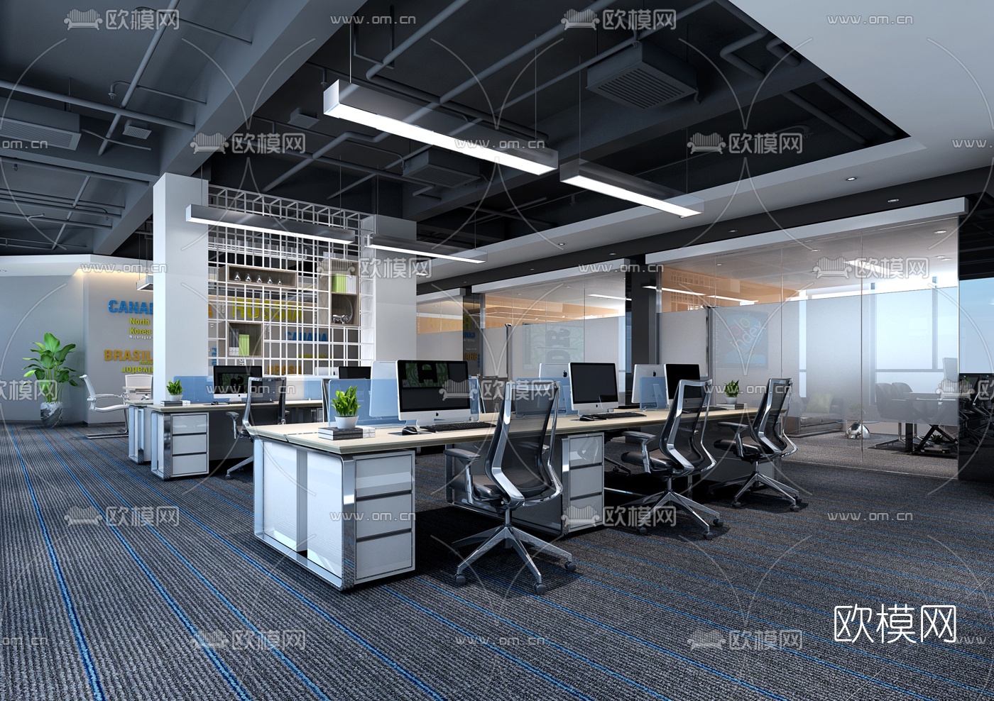 现代开放式办公室办公区3d模型下载_ID10043977_3dmax免费模型-欧模网
