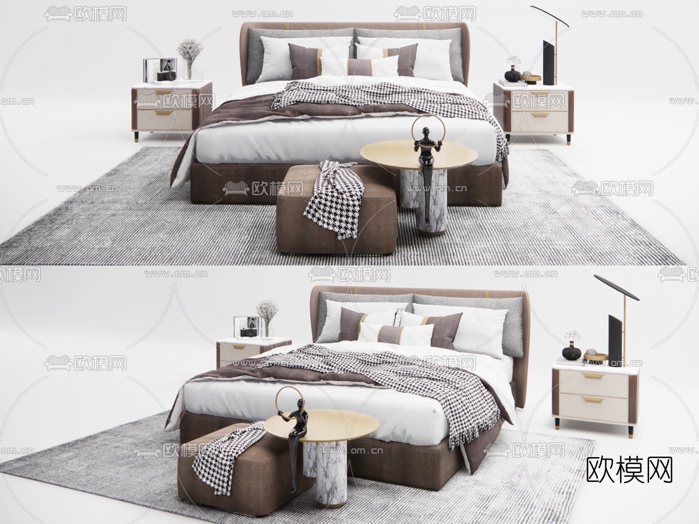 现代布艺双人床su模型下载（渲染图1）