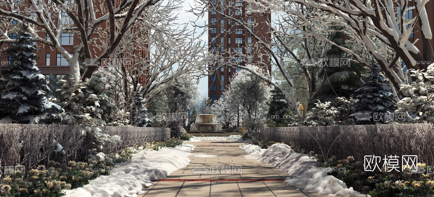 现代住宅小区道路雪景景观3d模型下载