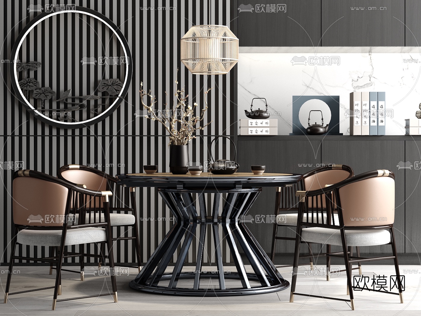 新中式圆形餐桌椅su模型下载（渲染图1）
