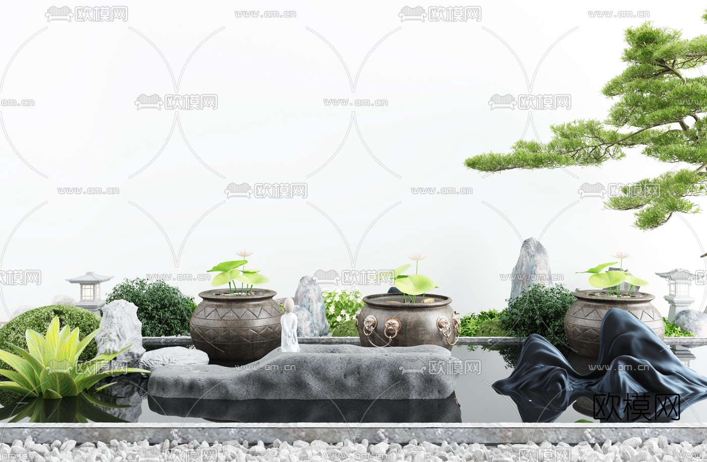 新中式禅意水景小品3d模型下载