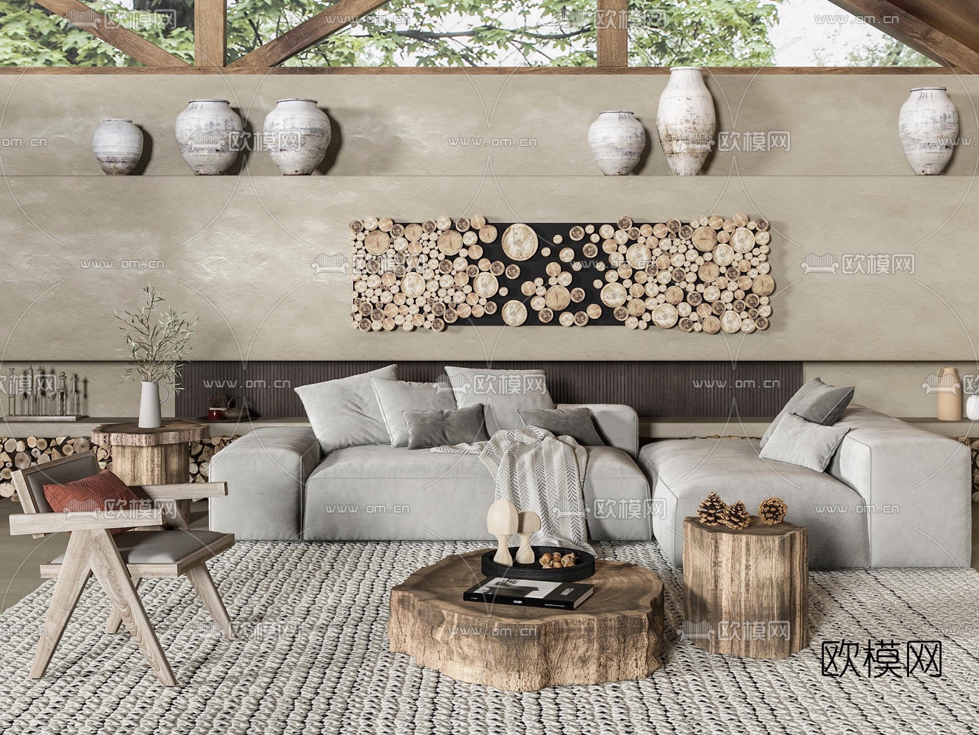 自然风布艺沙发组合3d模型下载（渲染图1）