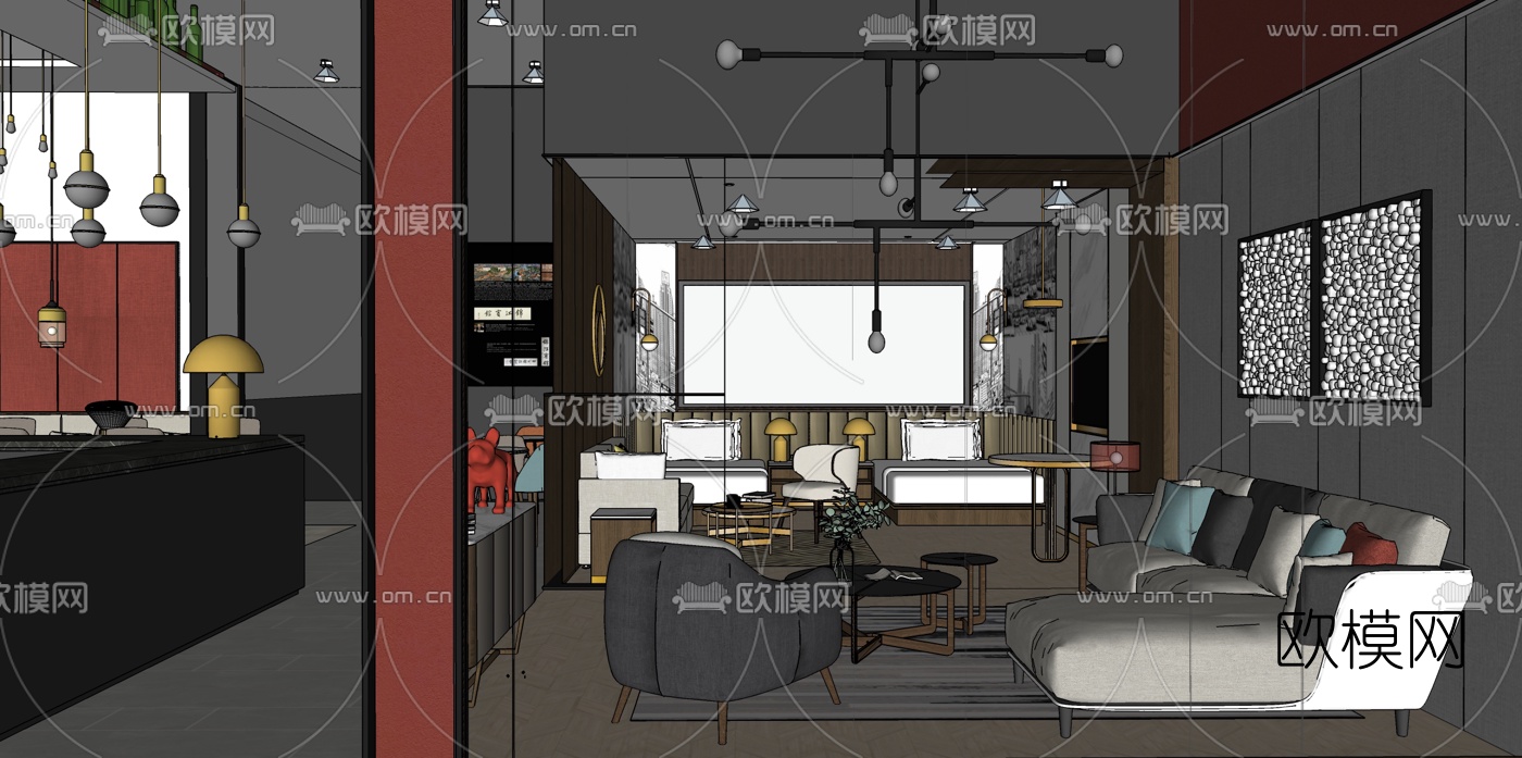 现代民宿套间休闲区su模型下载（渲染图3）