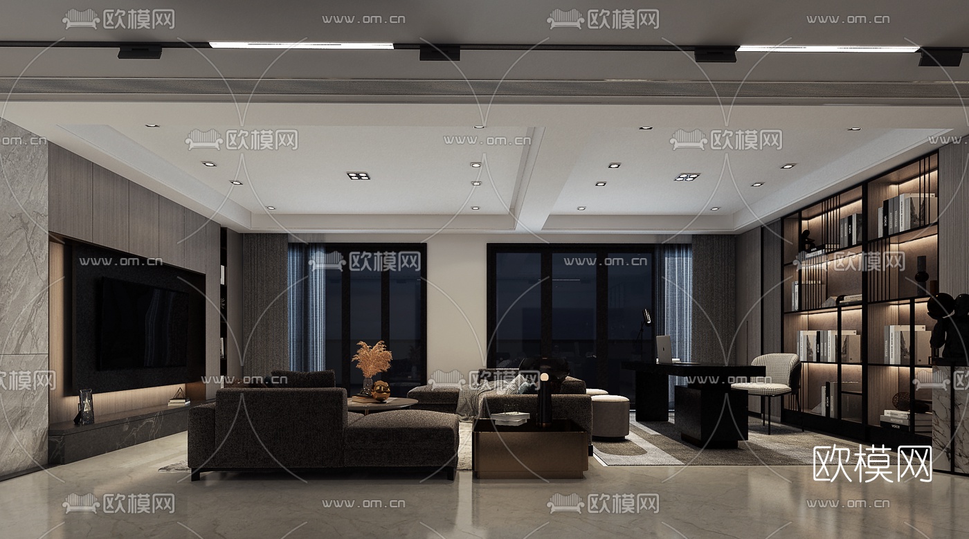 现代客厅免费3d模型下载（渲染图1）