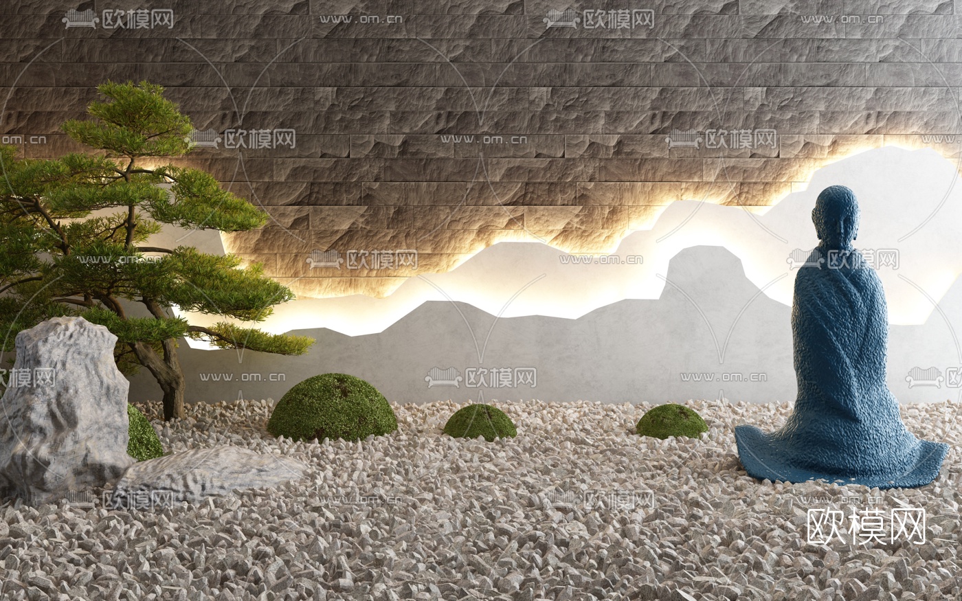 新中式假石松树佛像景观小品3d模型下载