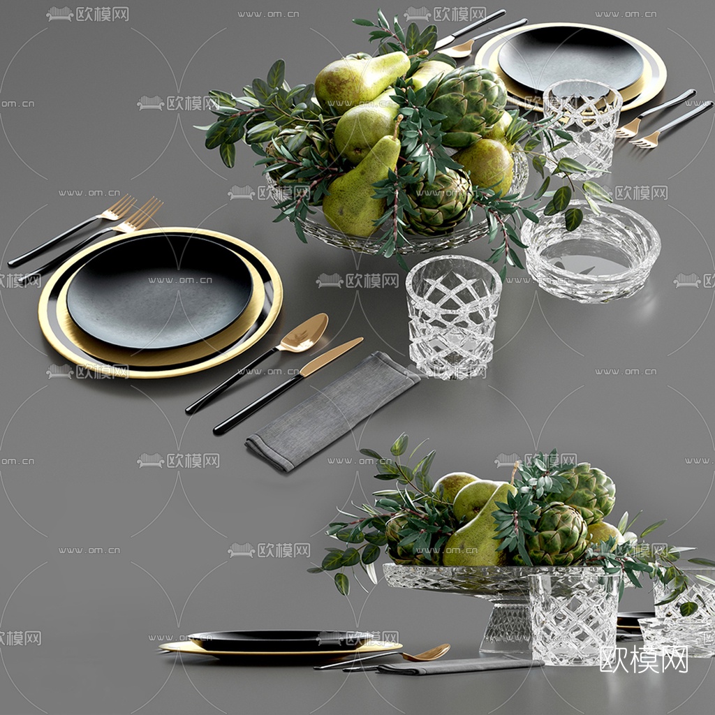 现代水果梨西餐餐具3d模型下载（渲染图1）